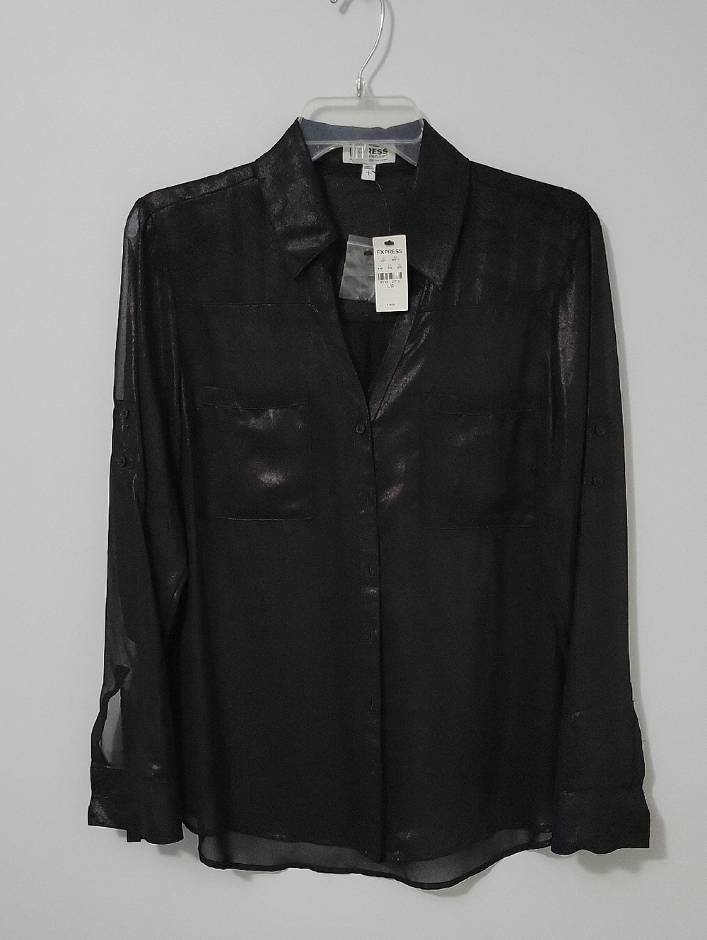 Express The Portfino Black Sheer Button-Down Shirt, Size Large